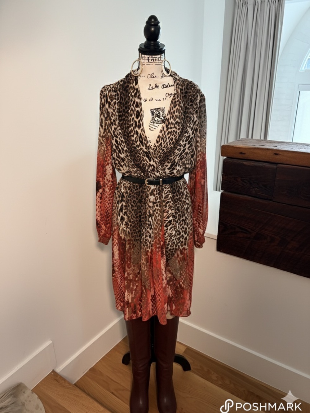 Donna Ricco New York Leopard Print & Burnt Orange Mixed Media Chiffon Dress